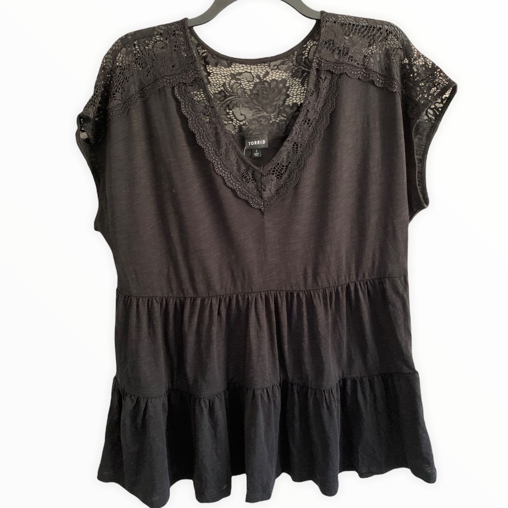 TORRID Black Slub Jersey & Crochet Babydoll Top 2